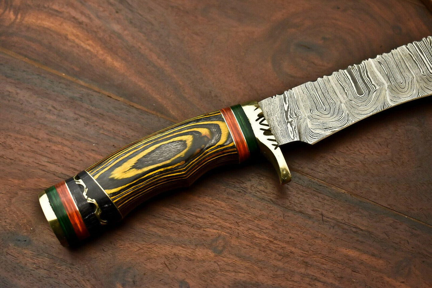 15” Handmade Damascus Bowie Knife | Hardwood Handle & Leather Sheath
