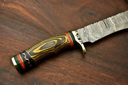 15” Handmade Damascus Bowie Knife | Hardwood Handle & Leather Sheath