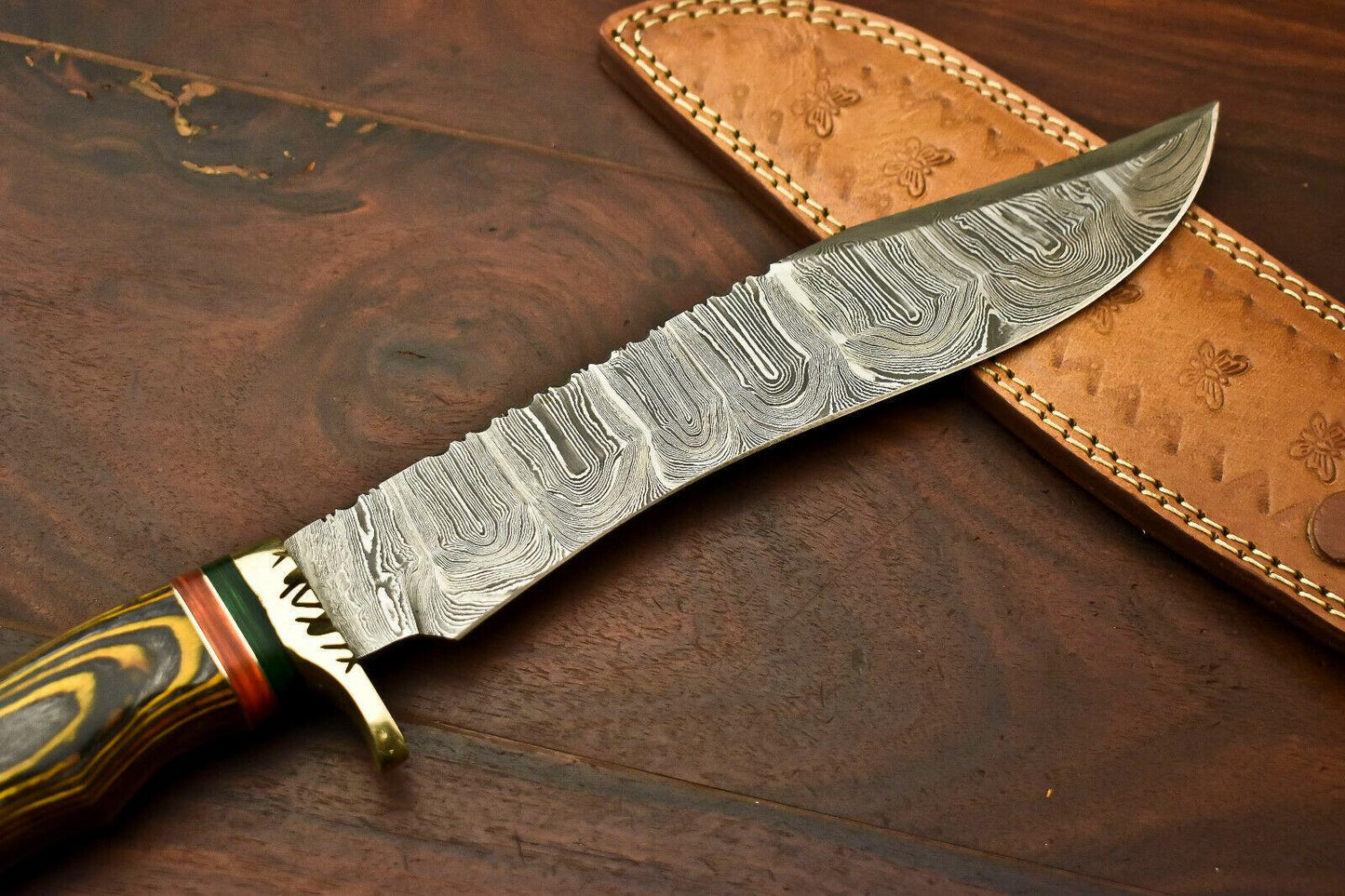 15” Handmade Damascus Bowie Knife | Hardwood Handle & Leather Sheath