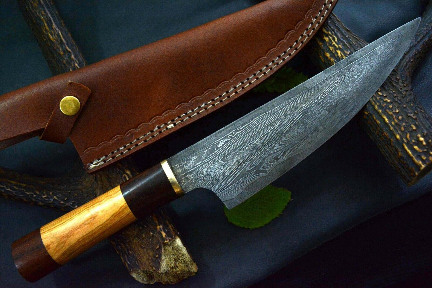 13.3" Custom Handmade Damascus Steel Chef Knife with Walnut & Olive Wood Handle + Leather Sheath