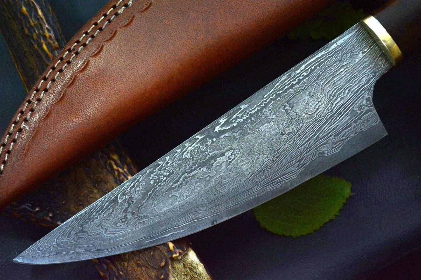 13.3" Custom Handmade Damascus Steel Chef Knife with Walnut & Olive Wood Handle + Leather Sheath
