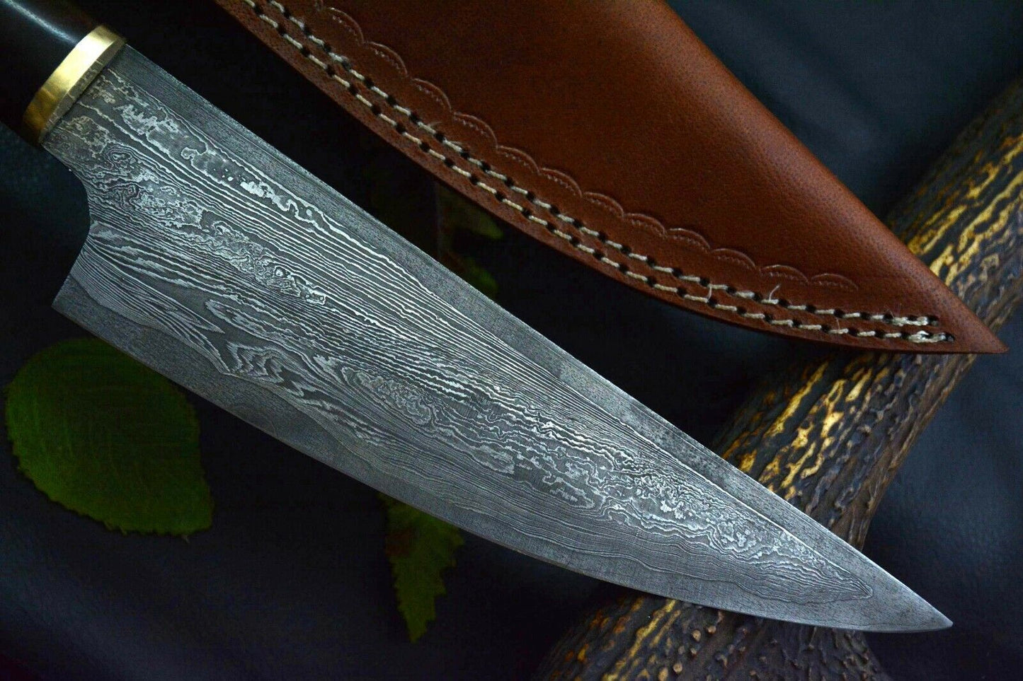 13.3" Custom Handmade Damascus Steel Chef Knife with Walnut & Olive Wood Handle + Leather Sheath