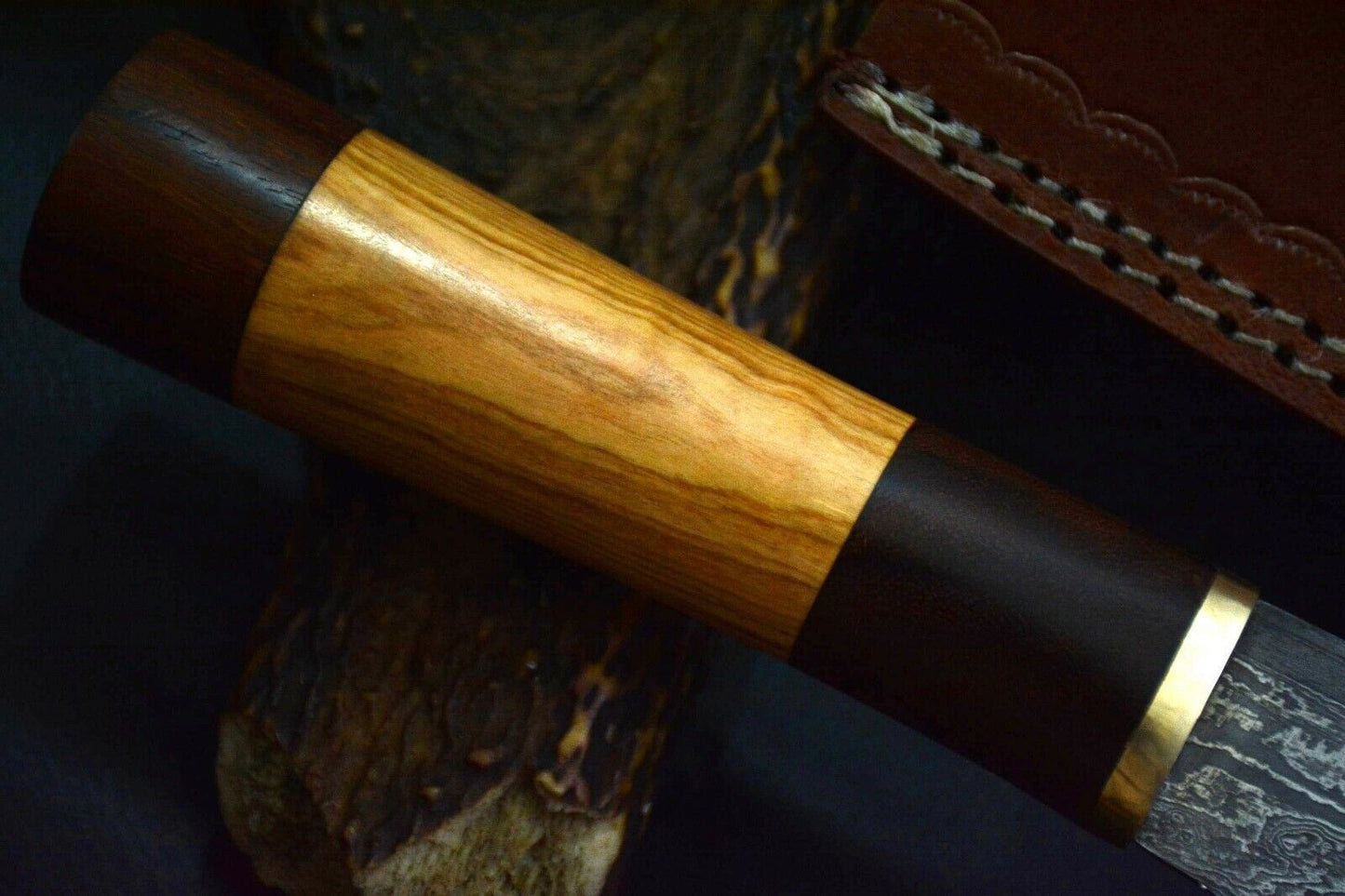 13.3" Custom Handmade Damascus Steel Chef Knife with Walnut & Olive Wood Handle + Leather Sheath