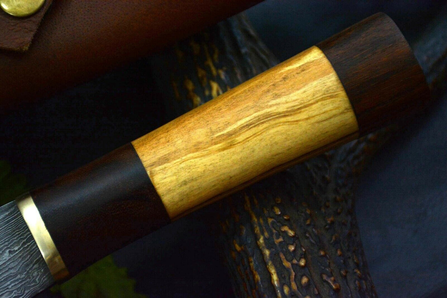 13.3" Custom Handmade Damascus Steel Chef Knife with Walnut & Olive Wood Handle + Leather Sheath