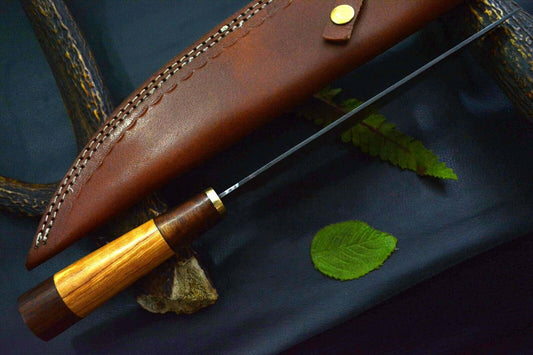 13.3" Custom Handmade Damascus Steel Chef Knife with Walnut & Olive Wood Handle + Leather Sheath