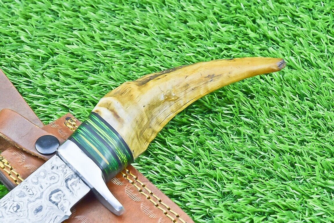 Damascus Steel Bowie Knife with Ram Horn and Wood Handle