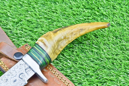 Damascus Steel Bowie Knife with Ram Horn and Wood Handle