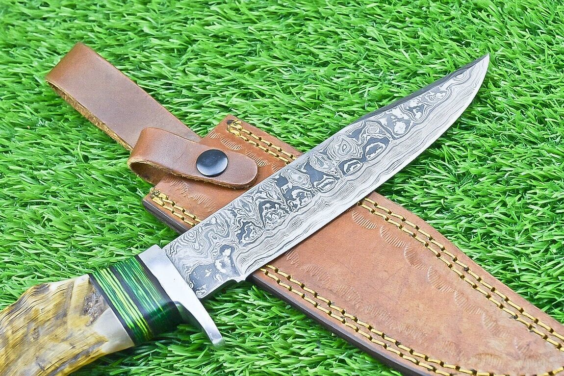 Damascus Steel Bowie Knife with Ram Horn and Wood Handle