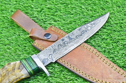 Damascus Steel Bowie Knife with Ram Horn and Wood Handle