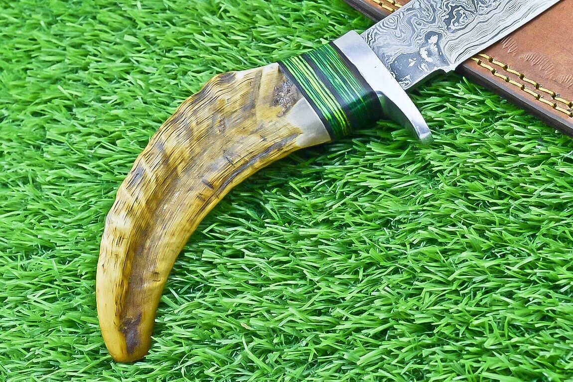 Damascus Steel Bowie Knife with Ram Horn and Wood Handle