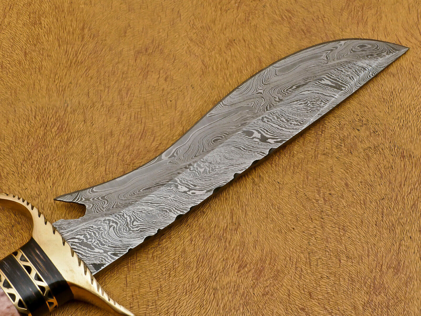 13" Handmade Damascus Bowie Knife – Camel Bone & Pakka Wood Handle with Brass Guard