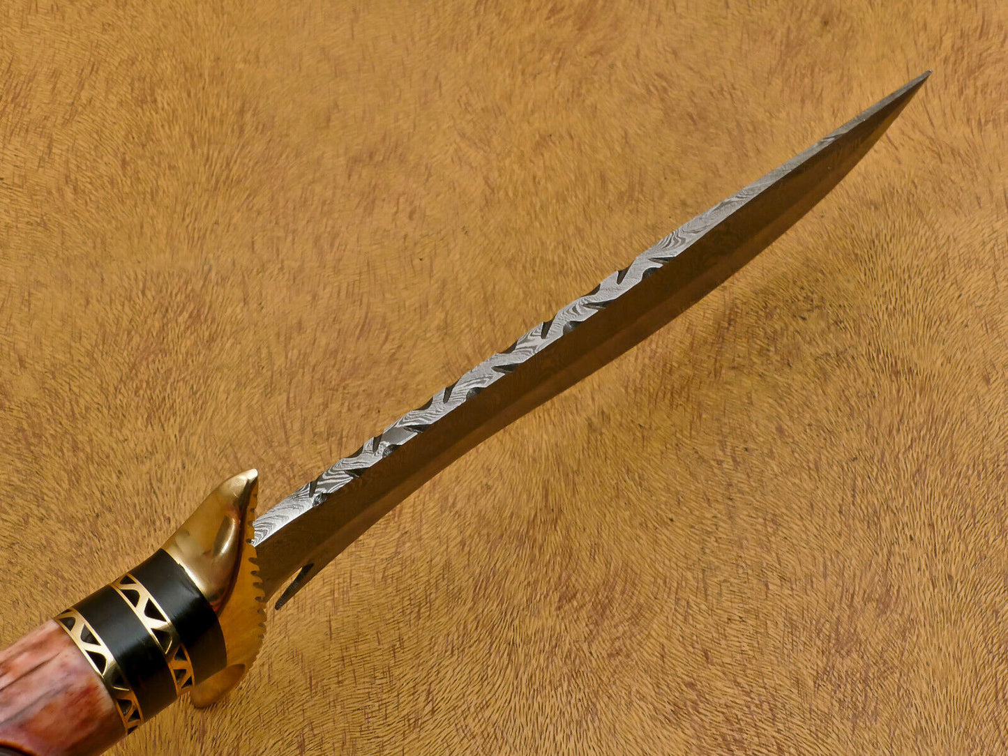 13" Handmade Damascus Bowie Knife – Camel Bone & Pakka Wood Handle with Brass Guard