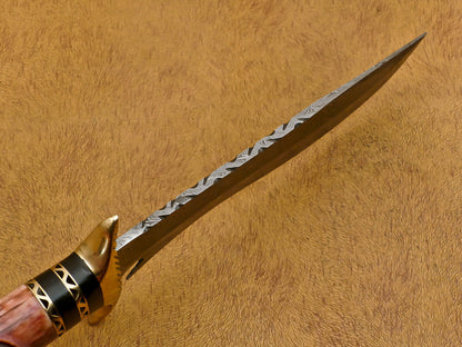 13" Handmade Damascus Bowie Knife – Camel Bone & Pakka Wood Handle with Brass Guard
