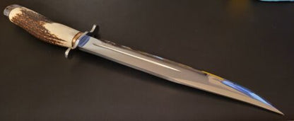 Handmade D2 Steel Hunting Bowie Knife with Stag Horn Handle & Leather Sheath – 18" Full Tang