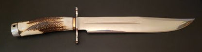 Handmade D2 Steel Hunting Bowie Knife with Stag Horn Handle & Leather Sheath – 18" Full Tang