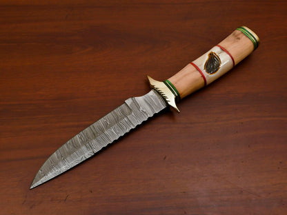 12 Inch Damascus Bowie Knife with Engraved Camel Bone and Olive Wood Handle