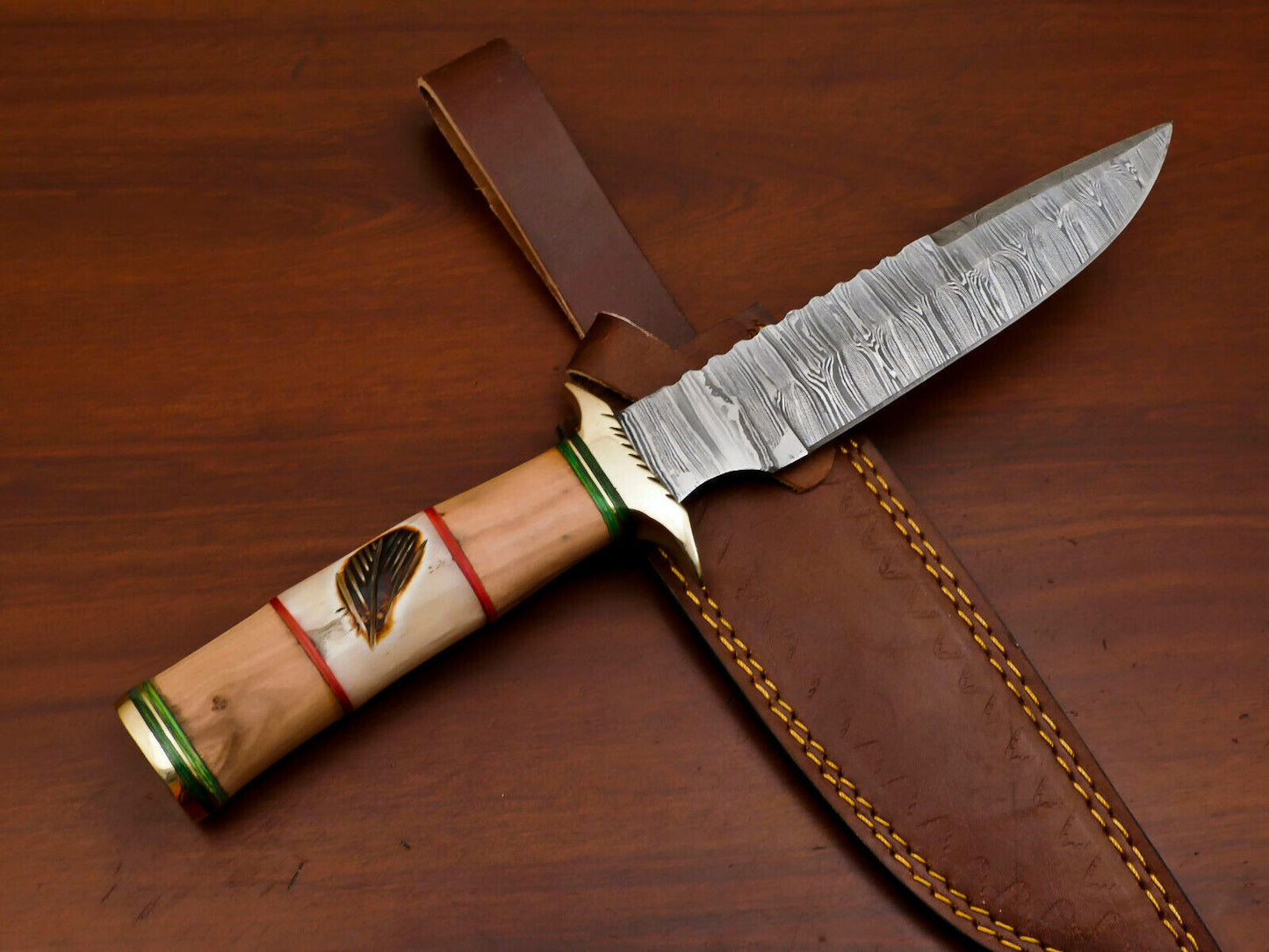 12 Inch Damascus Bowie Knife with Engraved Camel Bone and Olive Wood Handle
