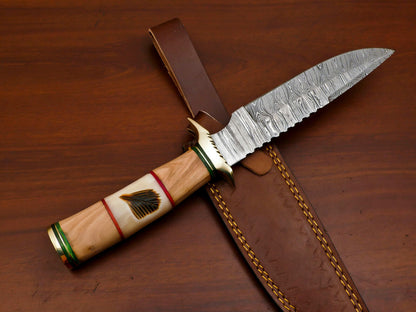 12 Inch Damascus Bowie Knife with Engraved Camel Bone and Olive Wood Handle