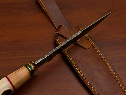 12 Inch Damascus Bowie Knife with Engraved Camel Bone and Olive Wood Handle