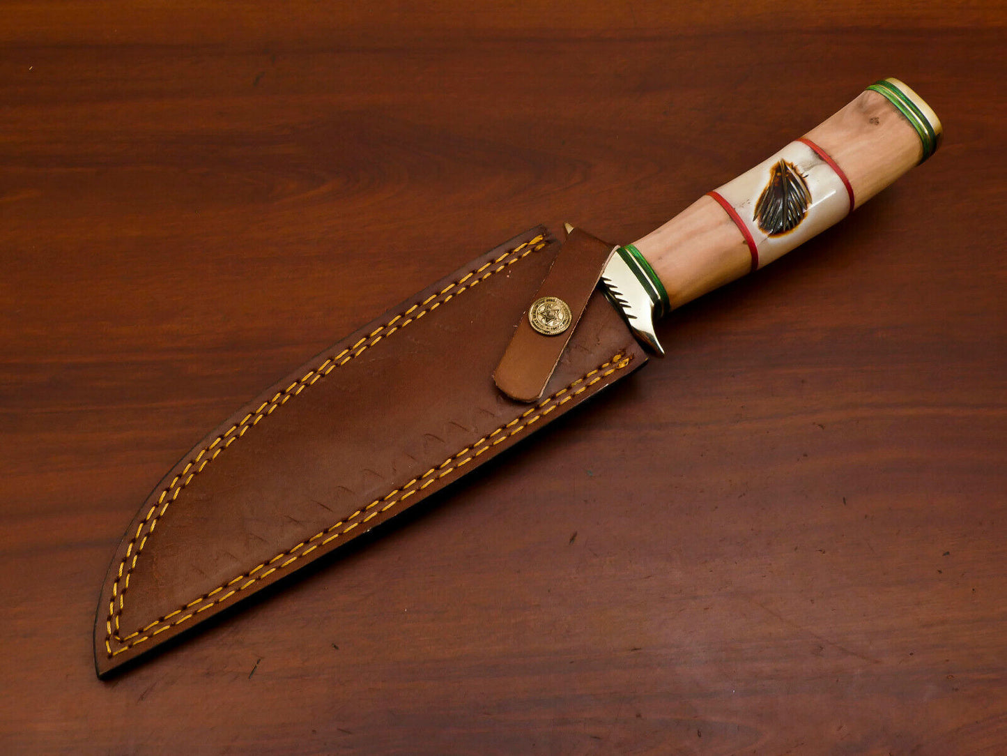 12 Inch Damascus Bowie Knife with Engraved Camel Bone and Olive Wood Handle