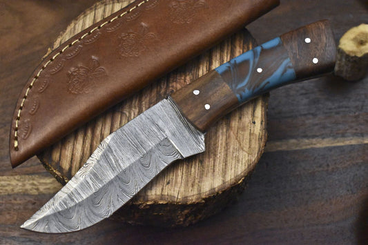 Forged Twist Damascus Skinner Knife with Corian Handle and Wooden Bolster – 9" Custom Hunting Blade