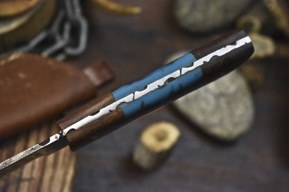 Forged Twist Damascus Skinner Knife with Corian Handle and Wooden Bolster – 9" Custom Hunting Blade