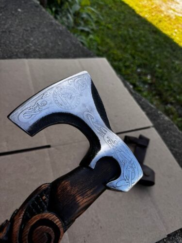 Handmade Carbon Steel Viking Throwing Axe with Walnut Wood Handle and Leather Sheath