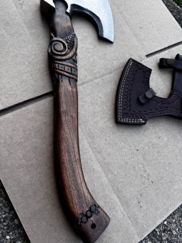 Handmade Carbon Steel Viking Throwing Axe with Walnut Wood Handle and Leather Sheath