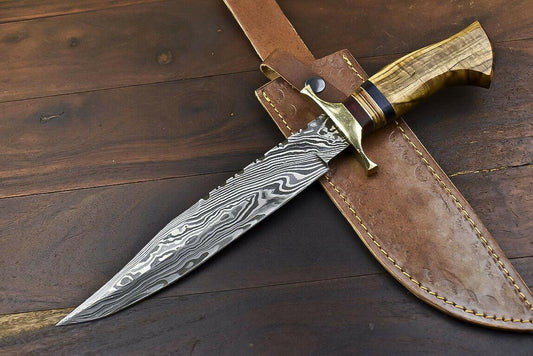14.5" Damascus Bowie Knife Damascus Steel Knife with Walnut Wood & Leather Sheath