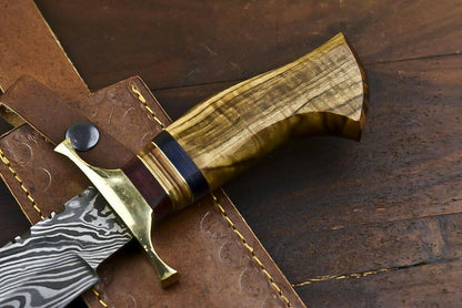 14.5" Damascus Bowie Knife | Walnut Wood Trailing Point