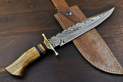 14.5" Damascus Bowie Knife | Walnut Wood Trailing Point