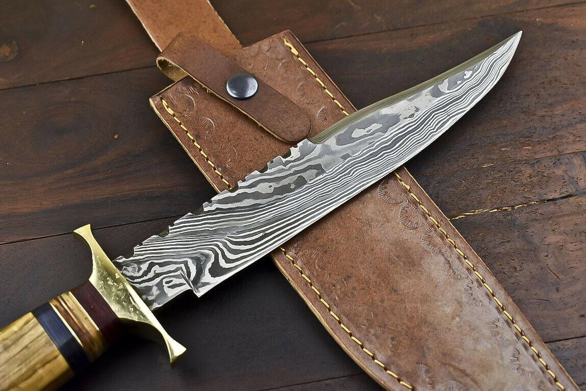 14.5" Damascus Bowie Knife | Walnut Wood Trailing Point