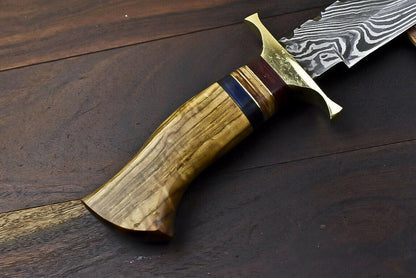 14.5" Damascus Bowie Knife | Walnut Wood Trailing Point