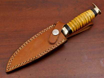 9 Inch Custom Handmade Damascus Steel Hunting Bowie Knife with Camel Bone and Pakka Wood Handle