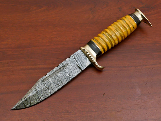 9 Inch Custom Handmade Damascus Steel Hunting Bowie Knife with Camel Bone and Pakka Wood Handle