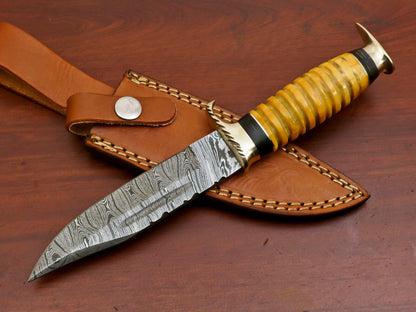 9 Inch Custom Handmade Damascus Steel Hunting Bowie Knife with Camel Bone and Pakka Wood Handle
