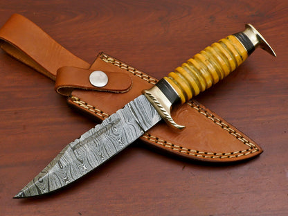9 Inch Custom Handmade Damascus Steel Hunting Bowie Knife with Camel Bone and Pakka Wood Handle