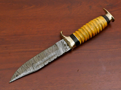9 Inch Custom Handmade Damascus Steel Hunting Bowie Knife with Camel Bone and Pakka Wood Handle