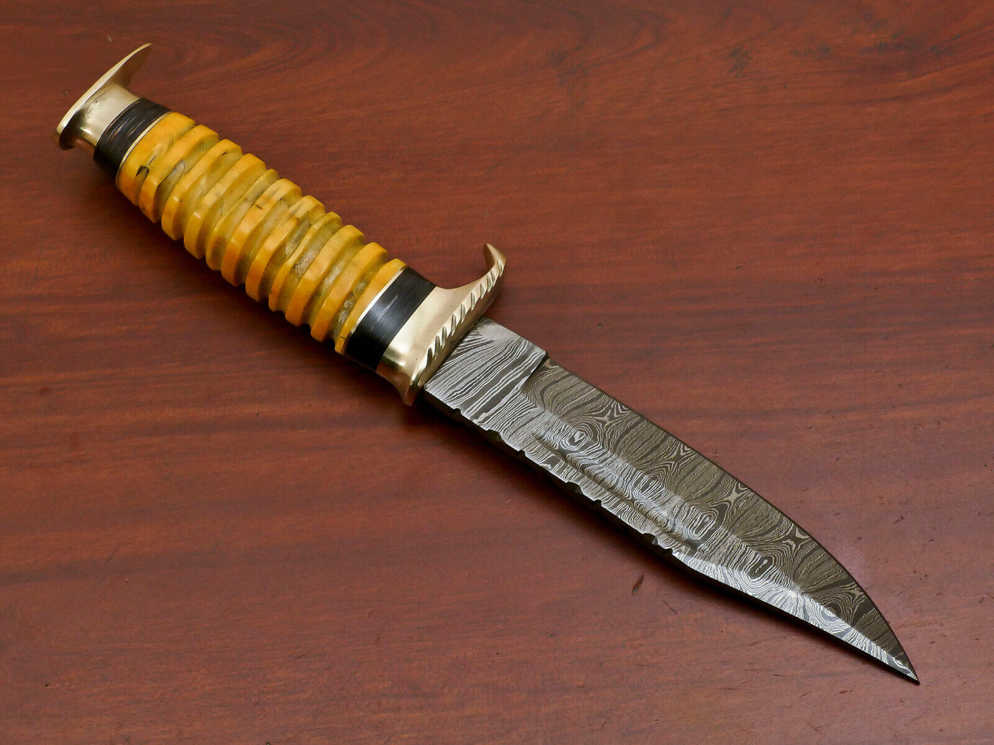 9 Inch Custom Handmade Damascus Steel Hunting Bowie Knife with Camel Bone and Pakka Wood Handle