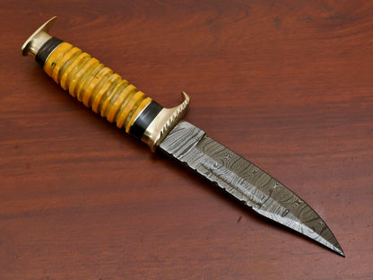 9 Inch Custom Handmade Damascus Steel Hunting Bowie Knife with Camel Bone and Pakka Wood Handle