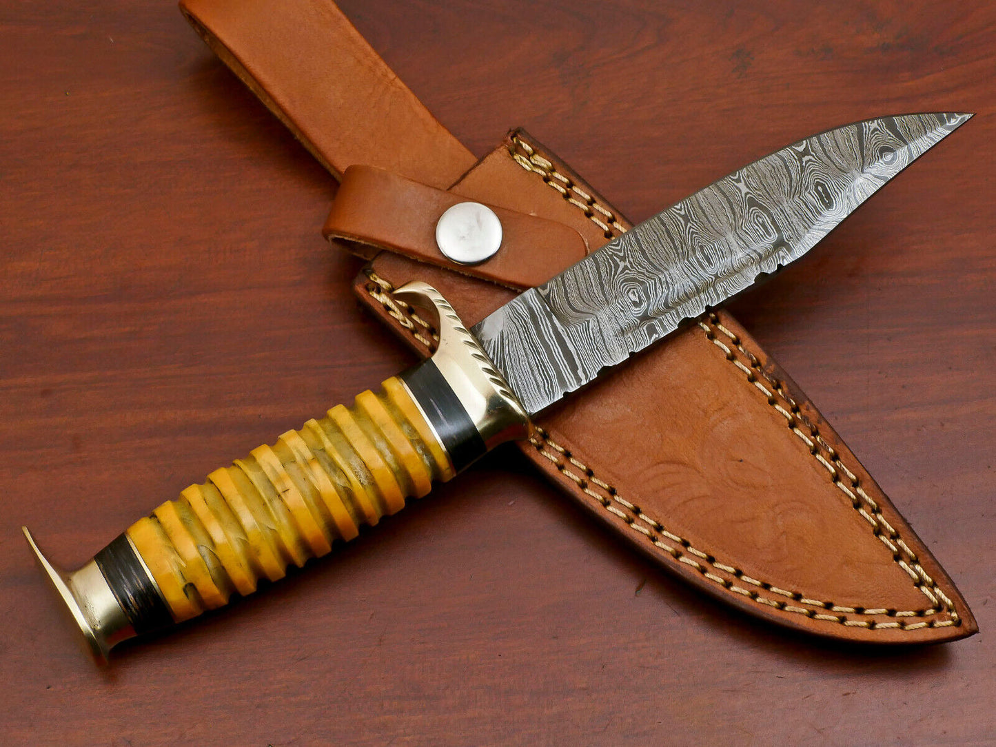 9 Inch Custom Handmade Damascus Steel Hunting Bowie Knife with Camel Bone and Pakka Wood Handle