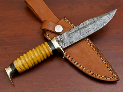9 Inch Custom Handmade Damascus Steel Hunting Bowie Knife with Camel Bone and Pakka Wood Handle