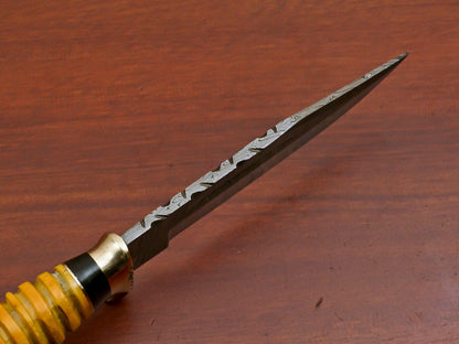 9 Inch Custom Handmade Damascus Steel Hunting Bowie Knife with Camel Bone and Pakka Wood Handle