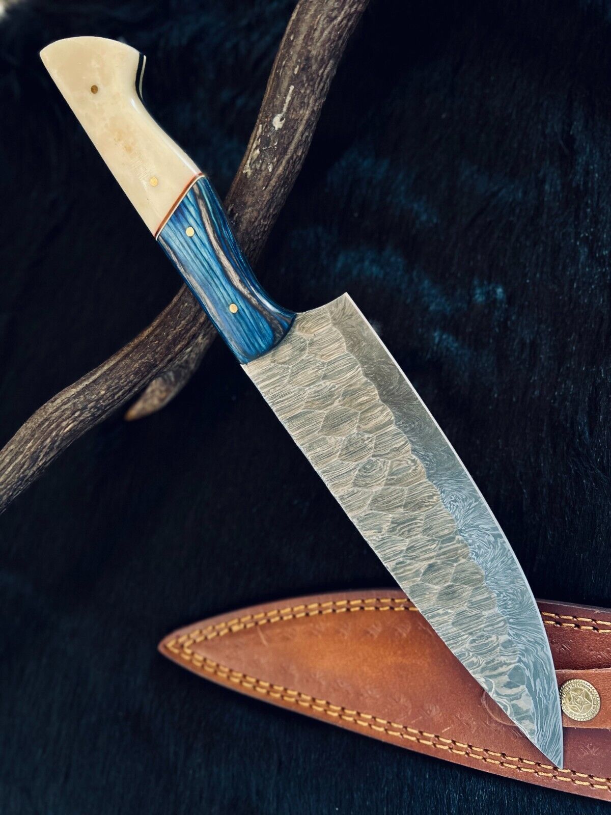 13" Custom Handmade Fire Damascus Steel Santoku Chef Knife – Stained Camel Bone & Natural Wood Handle