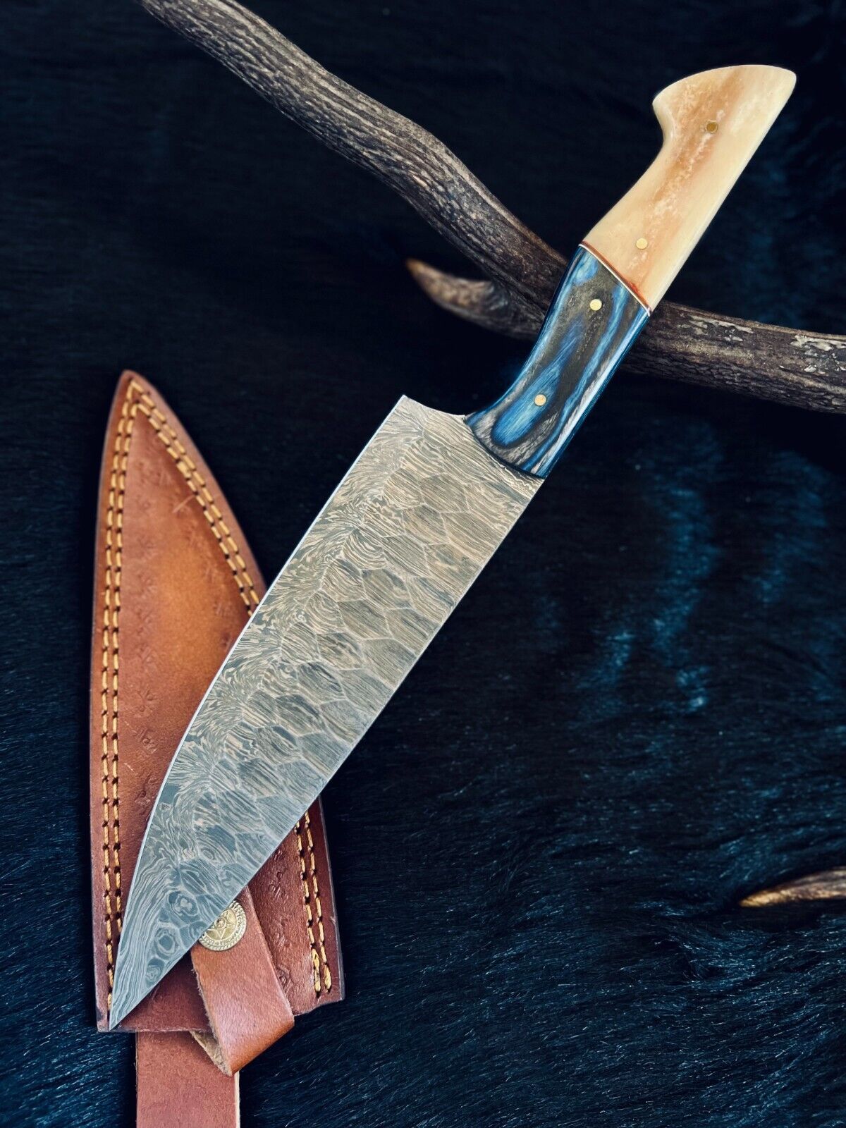 13" Custom Handmade Fire Damascus Steel Santoku Chef Knife – Stained Camel Bone & Natural Wood Handle