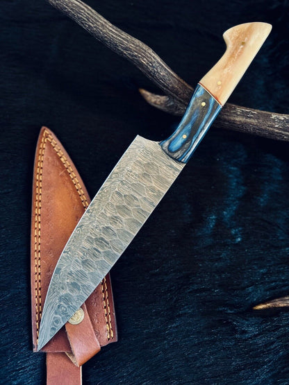 13" Custom Handmade Fire Damascus Steel Santoku Chef Knife – Stained Camel Bone & Natural Wood Handle