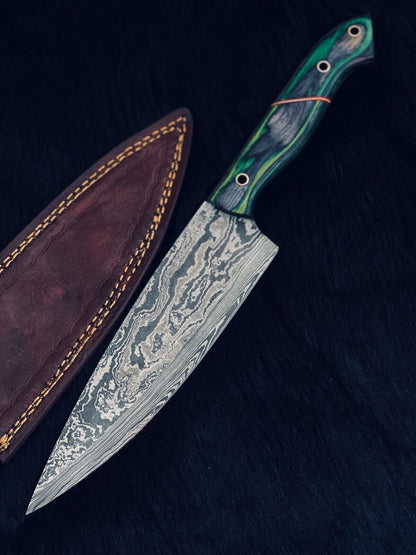 13" Custom Handmade Twist Damascus Steel Santoku Chef Knife with Camel Bone & Wood Handle