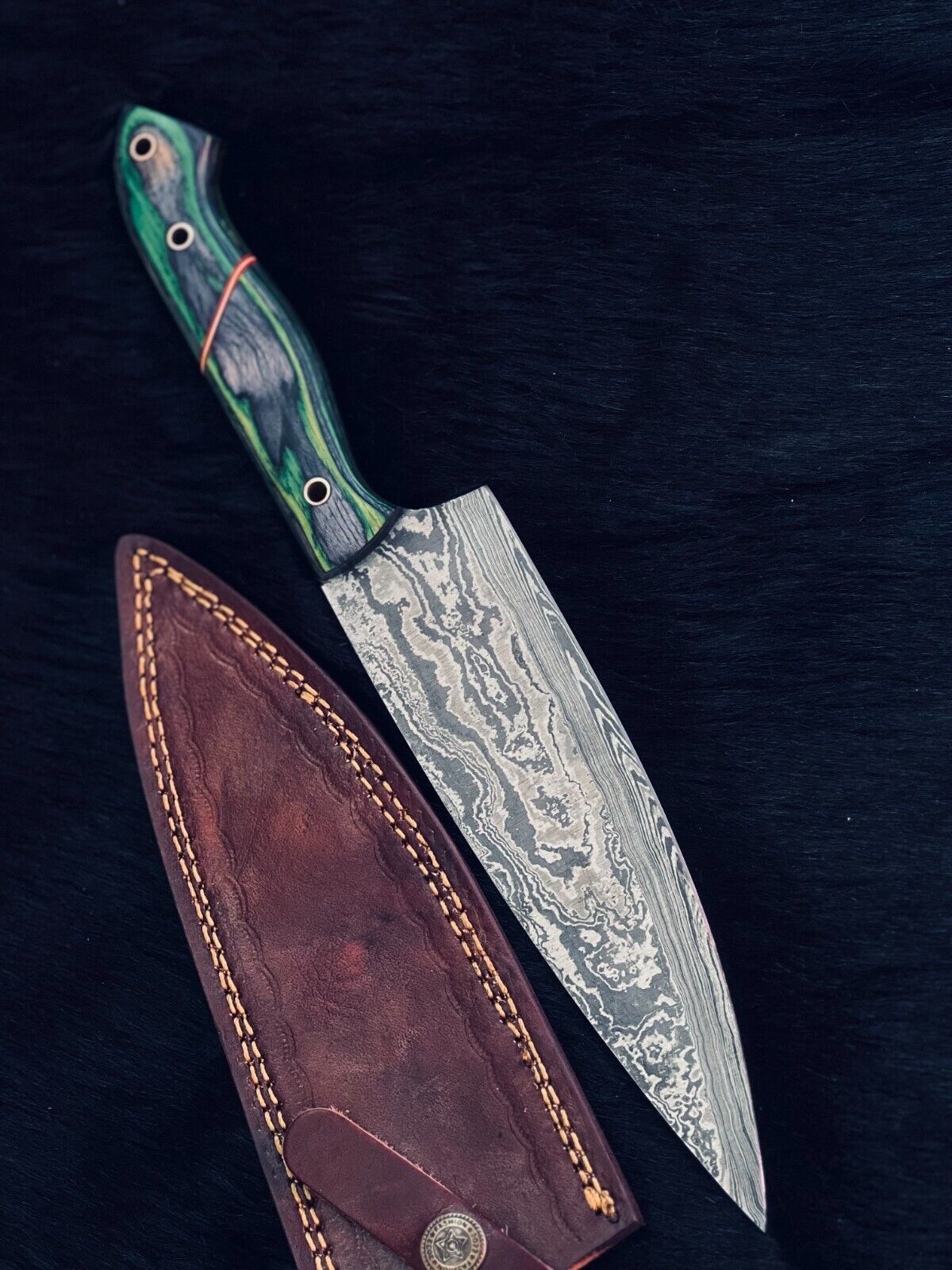 13" Custom Handmade Twist Damascus Steel Santoku Chef Knife with Camel Bone & Wood Handle