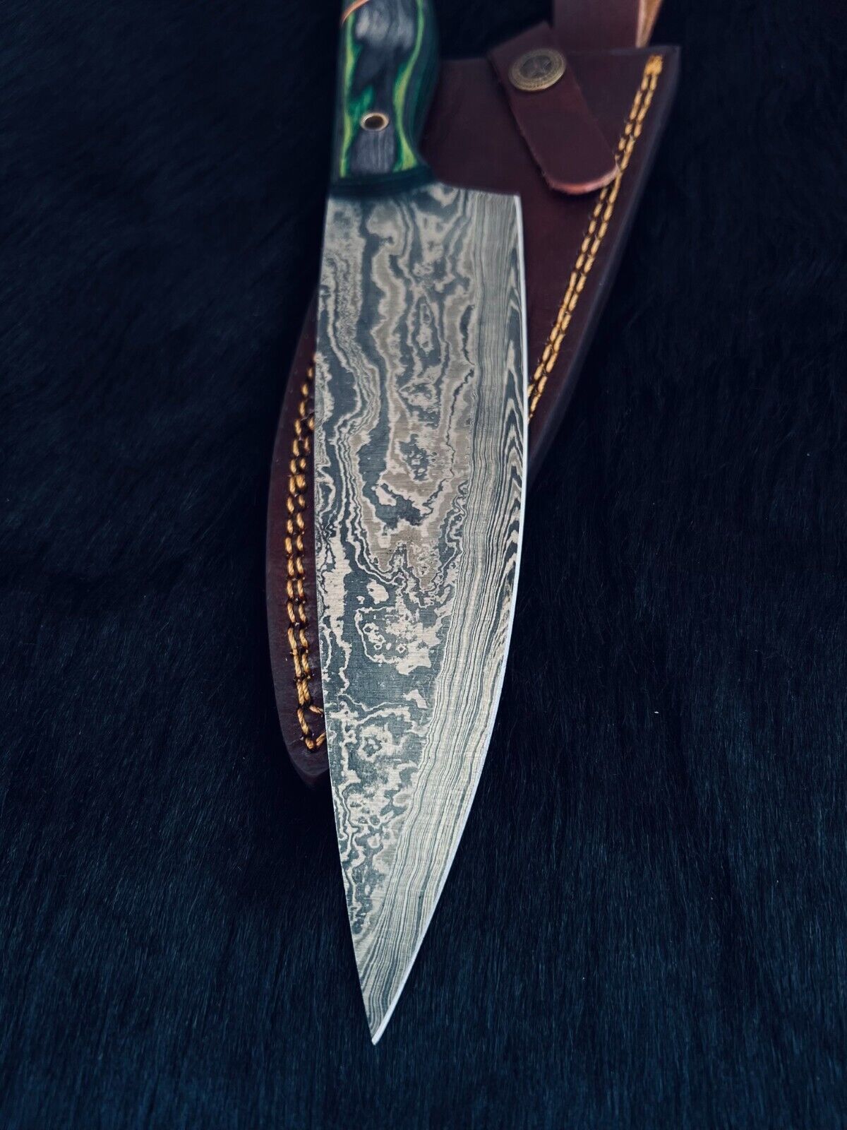 13" Twist Damascus Steel Bowie Chef Knife – Camel Bone & Wood Handle