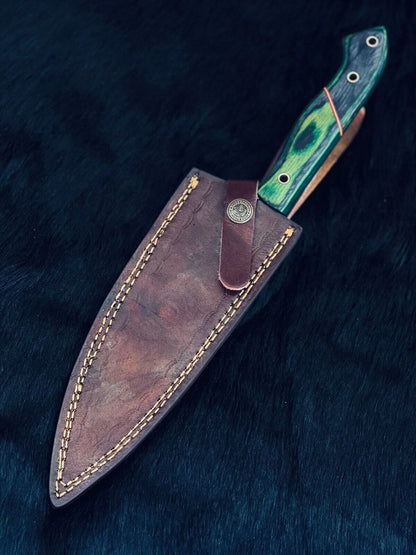 13" Twist Damascus Steel Bowie Chef Knife – Camel Bone & Wood Handle